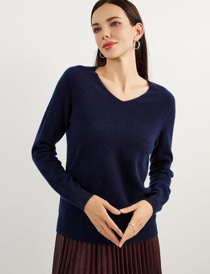100% Pure Cashmere Women's Sweater V-Neck Long Sleeve 2024 Fall Winter Warm Soft Knit Pullover - Image 5